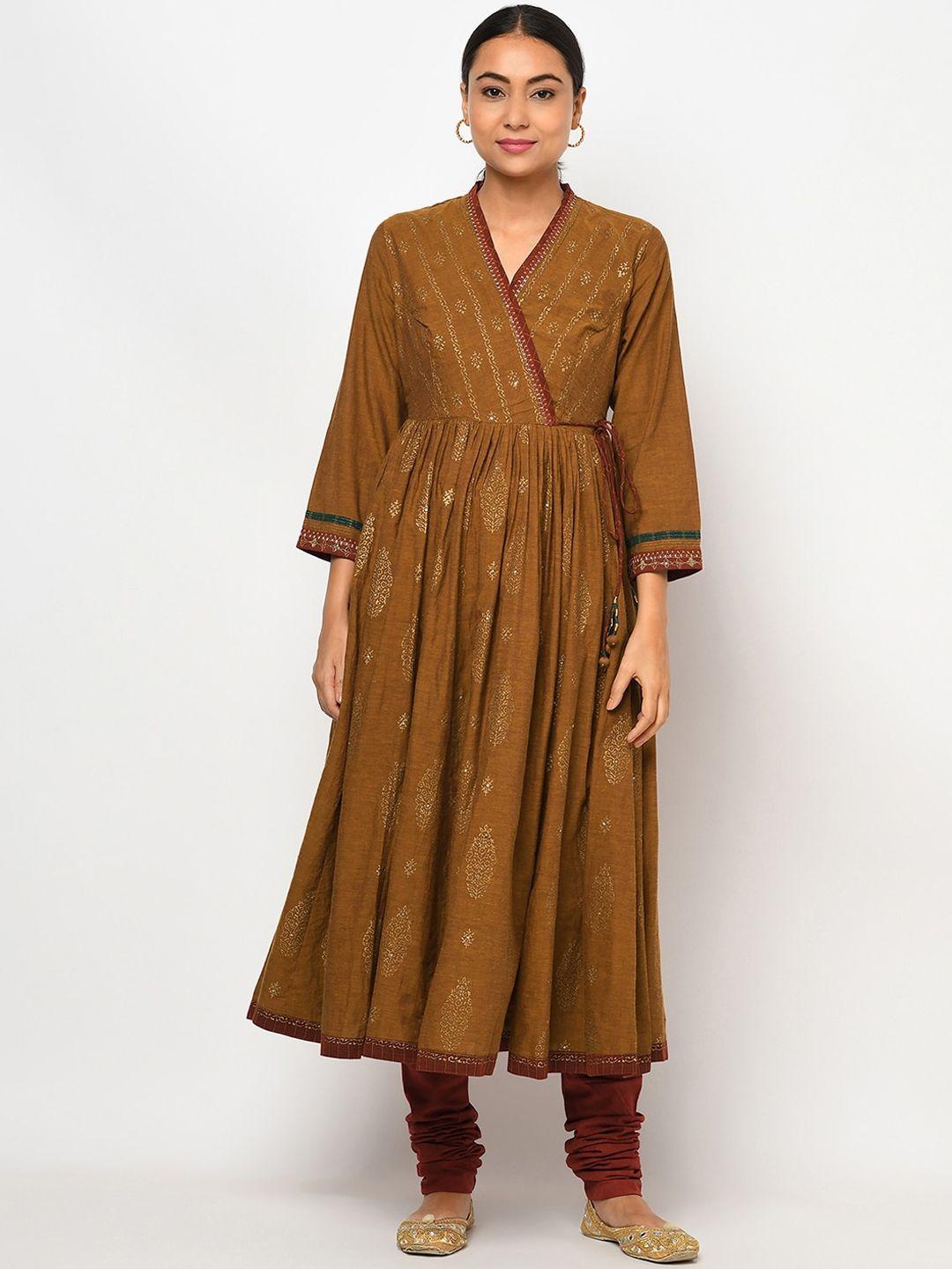 fabindia women rust ethnic motifs angrakha pure cotton kurta with churidar