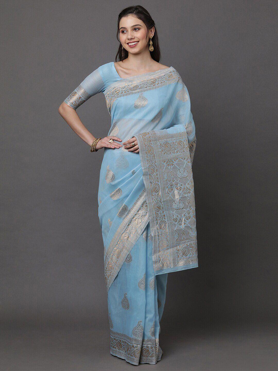 mitera blue & gold-toned ethnic motifs zari linen blend banarasi saree