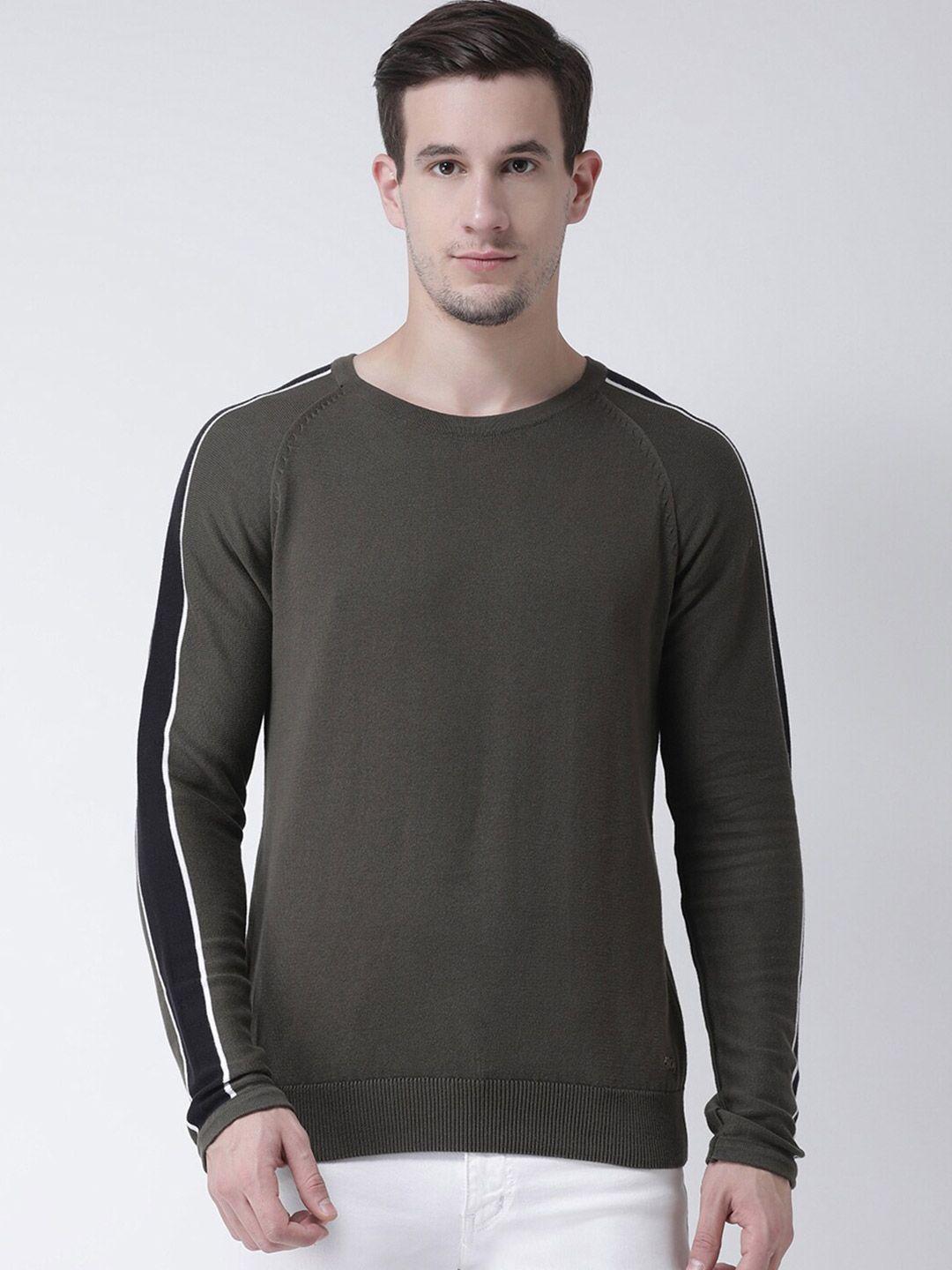 club york men olive green & black solid round neck pullover