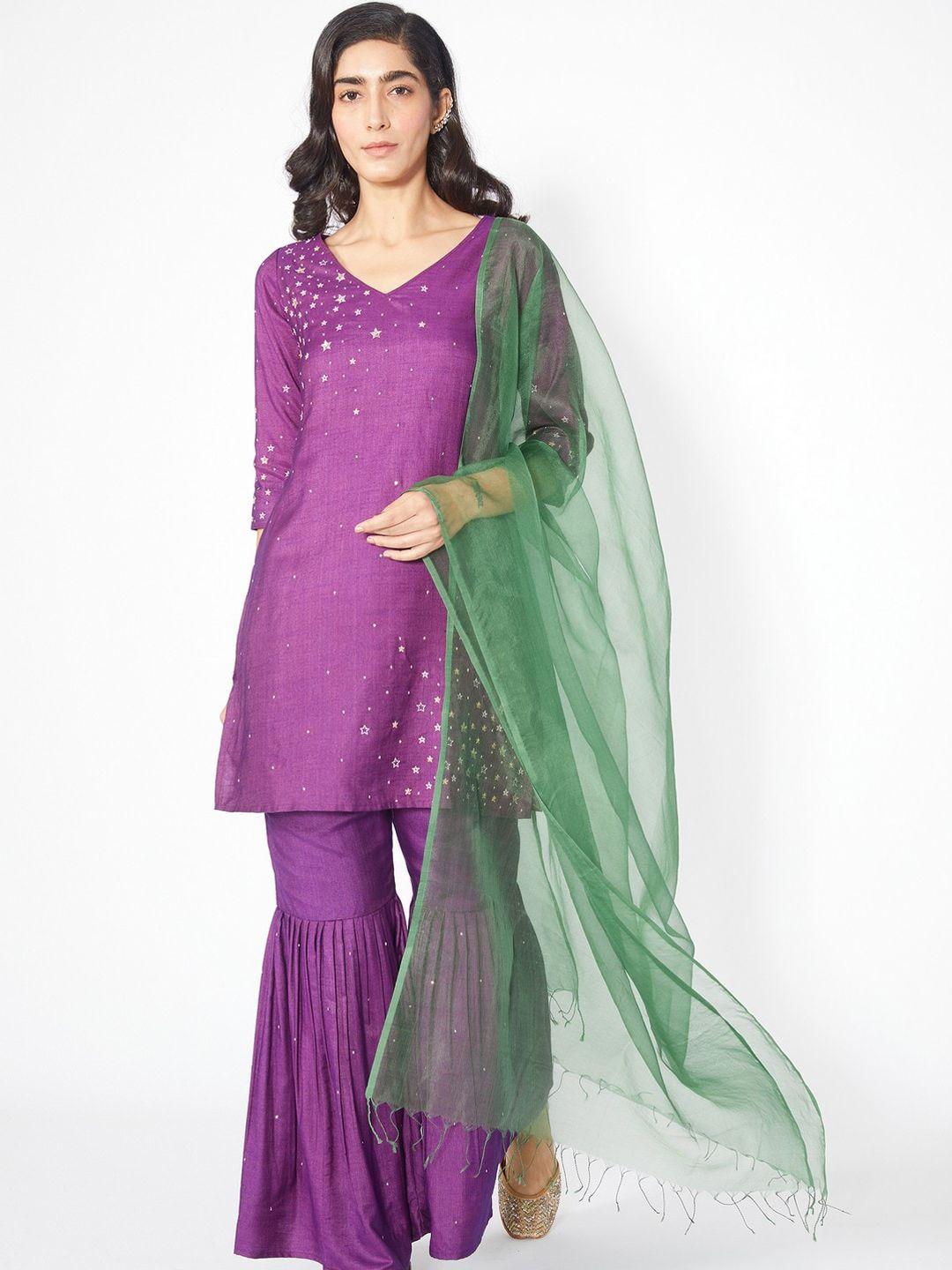 okhai women purple & yellow embroidered regular kurta with sharara & dupatta