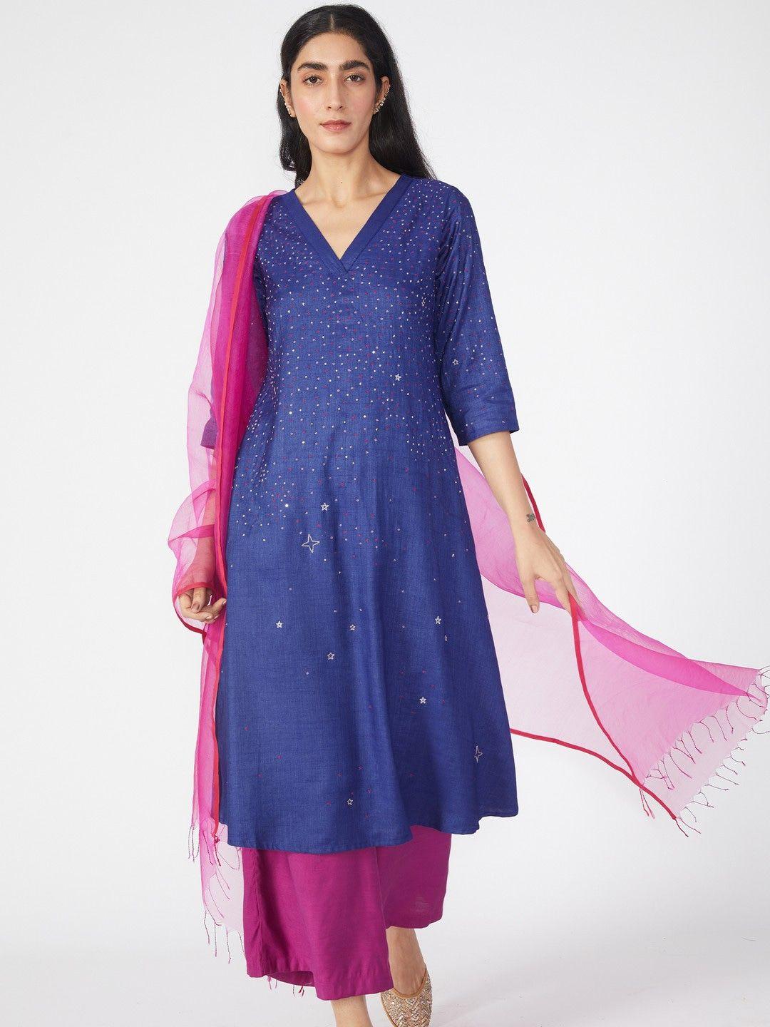 okhai women purple embroidered regular kurta with palazzos