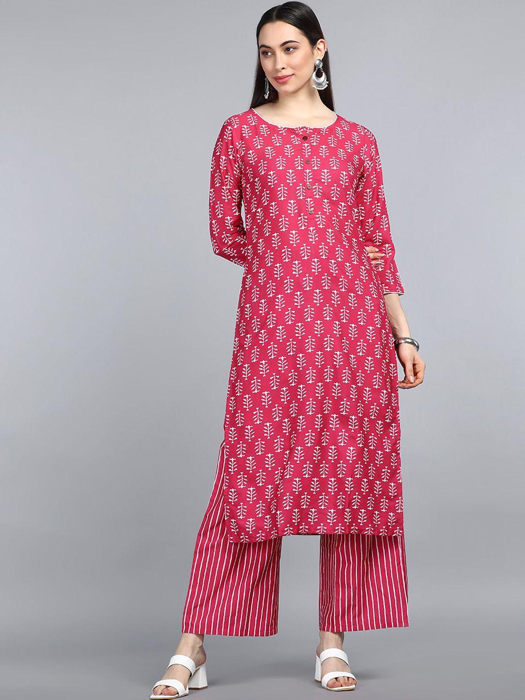 ahika women pink printed layered kurti with palazzos