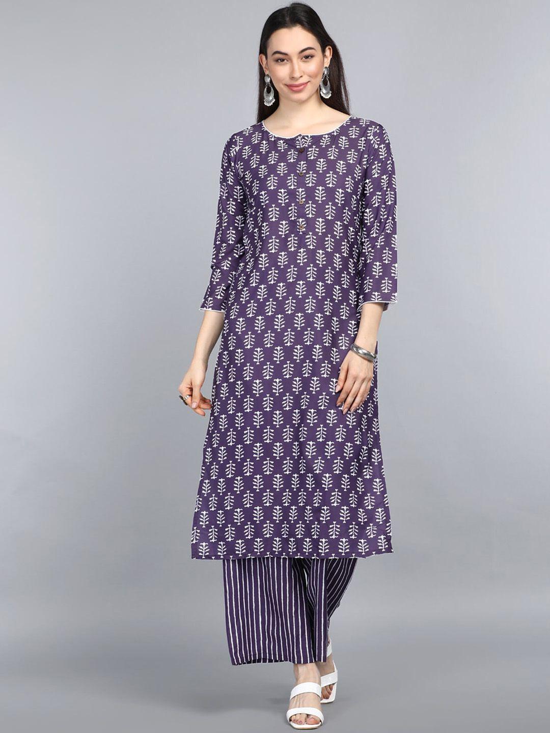 ahika women purple floral printed regular kurta with trousers