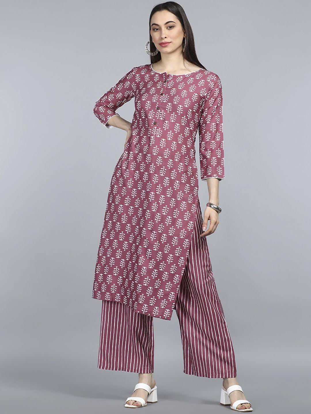 ahika women mauve ethnic motifs printed kurti with palazzos