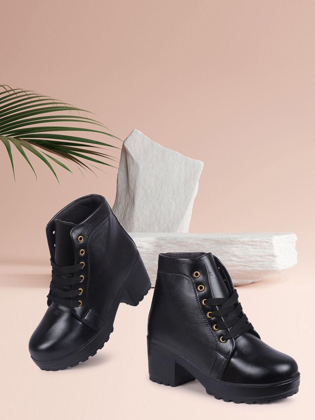 twin toes black mid-top block heeled boots