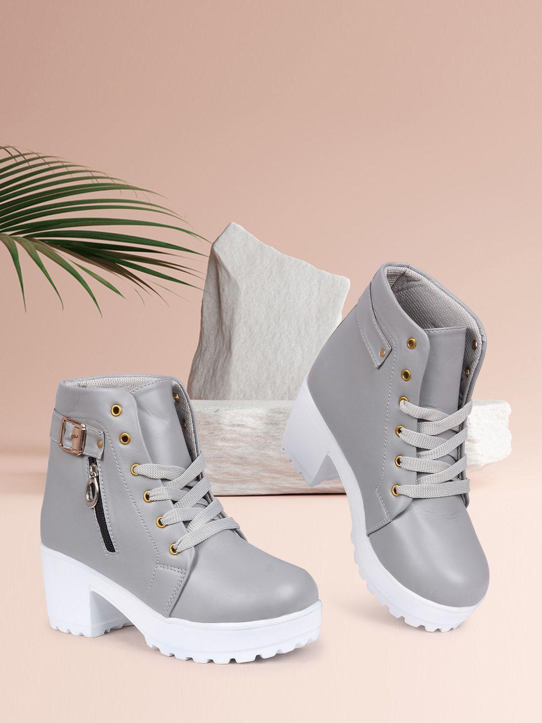 twin toes grey block heeled boots