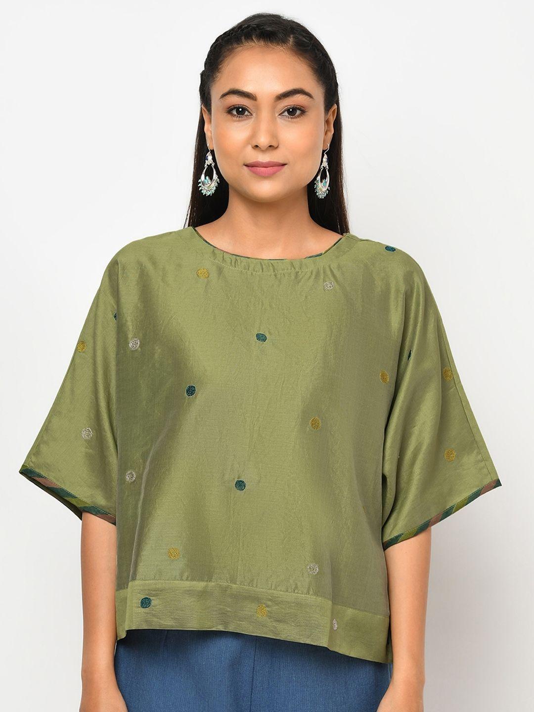 fabindia green floral embellished extended sleeves regular top