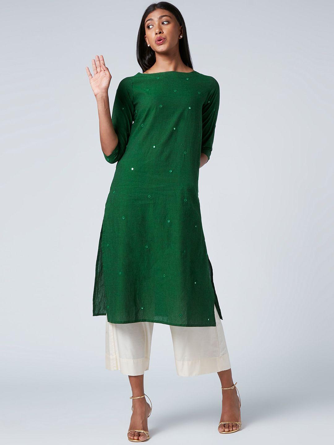 okhai women green embroidered extended sleeves mirror work handloom cotton kurta