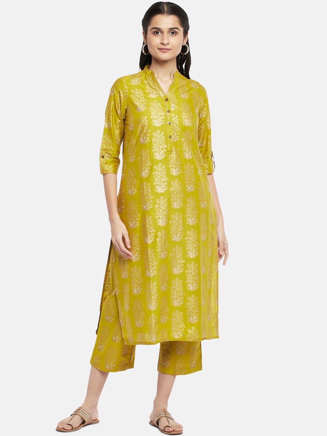 rangmanch by pantaloons women mustard yellow ethnic motifs printed pleated pure cotton kurti with trousers