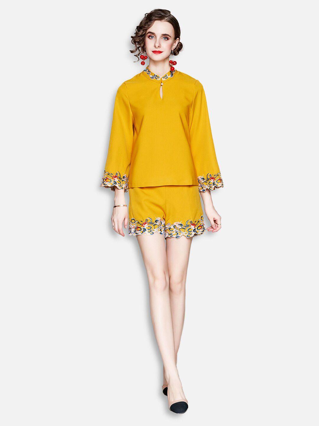 jc collection women yellow embroidered top with shorts