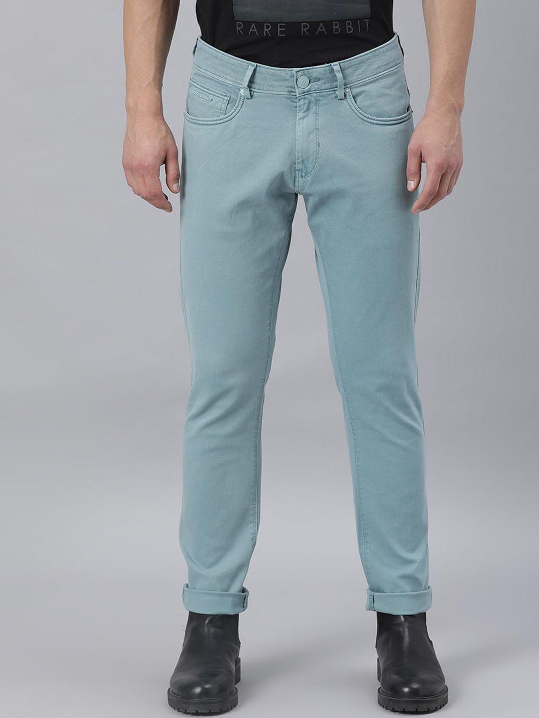 rare rabbit men turquoise blue slim fit solid trousers