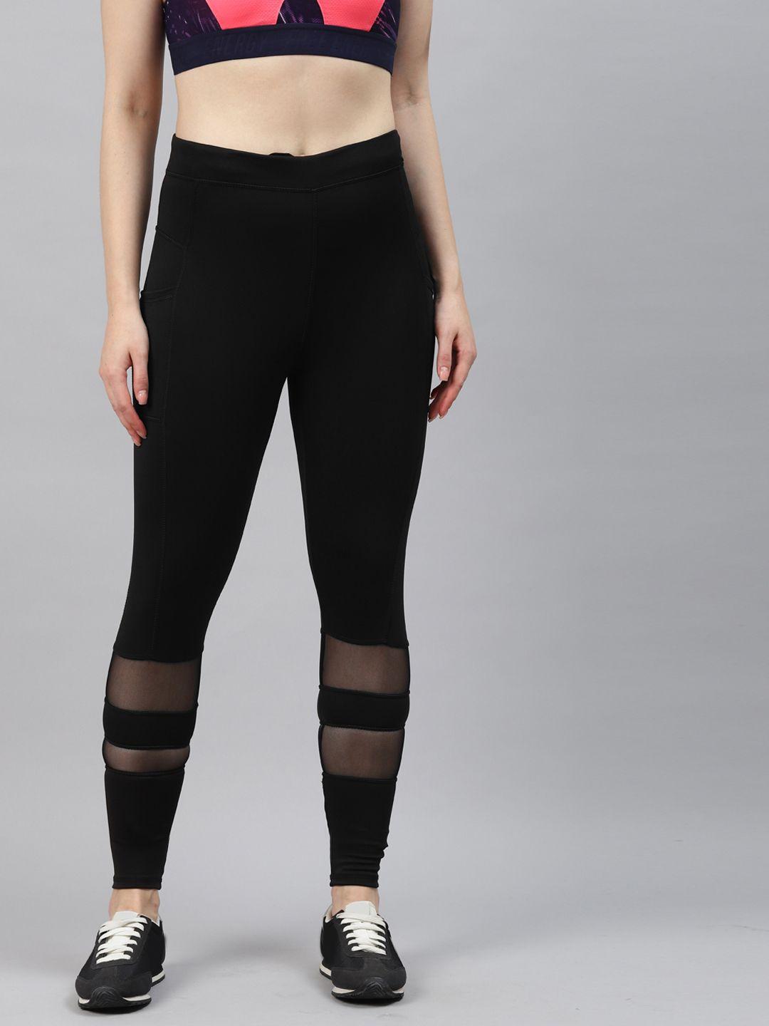 blinkin women black solid mesh inserts semi-sheer drytech+ gym tights