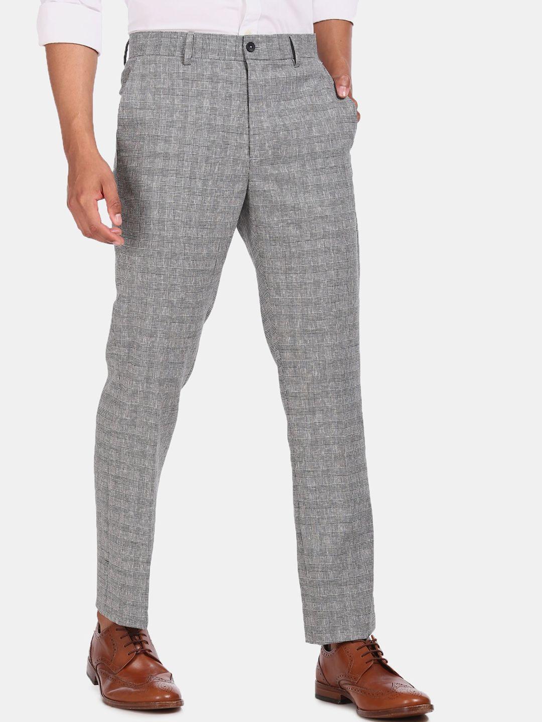 excalibur men grey checked formal trousers