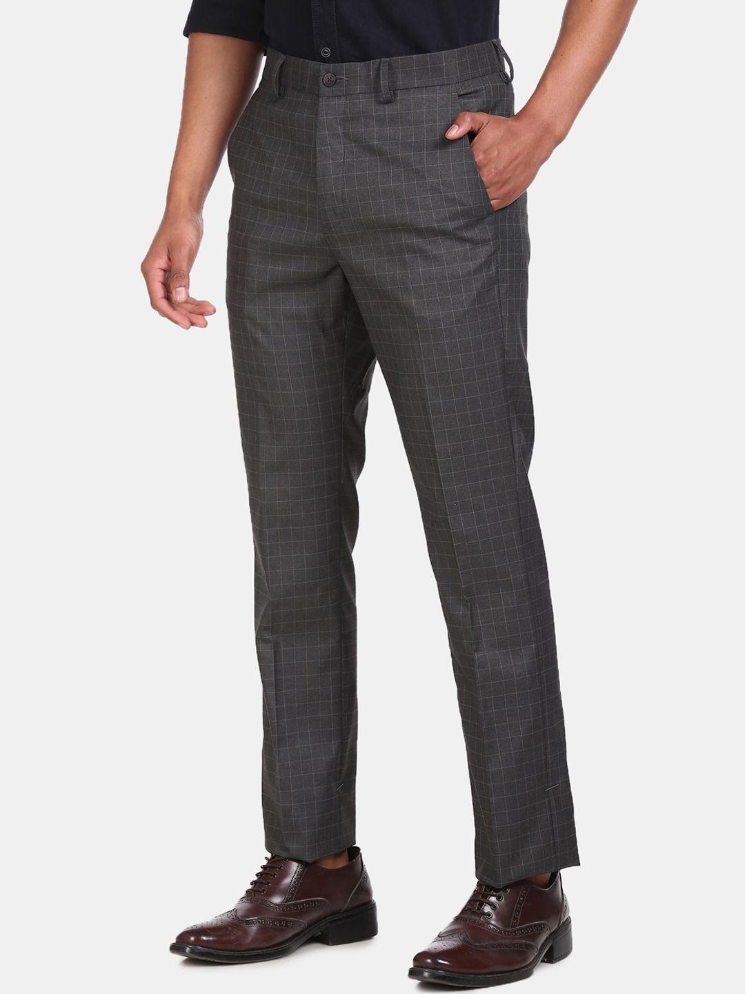 excalibur men grey checked formal trousers