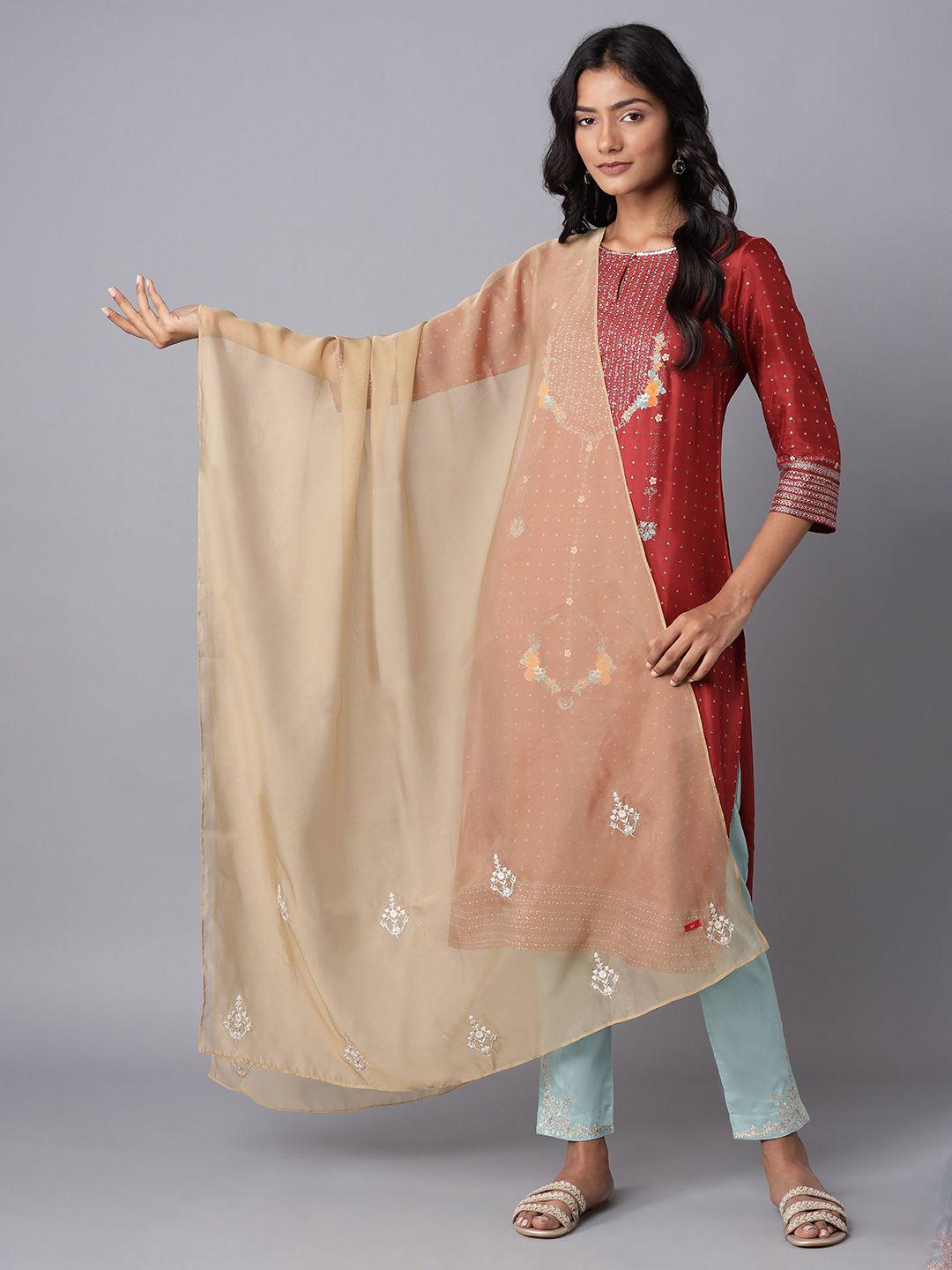 w women gold & silver ethnic motifs embroidered pure cotton dupatta