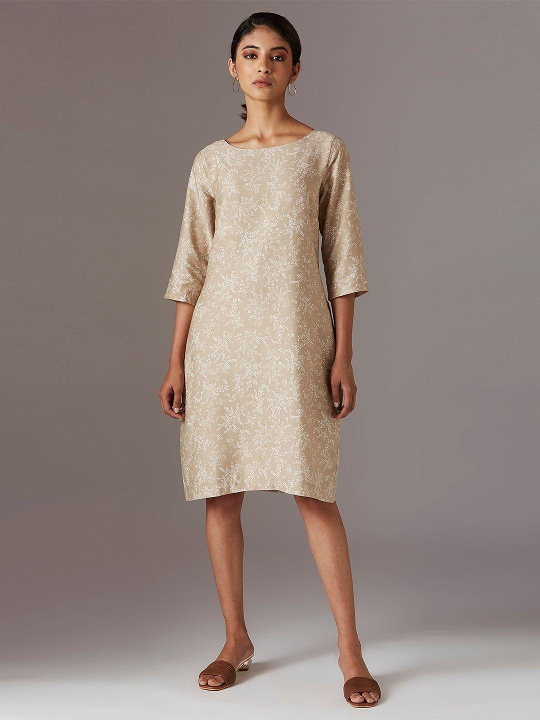 w beige & off white floral a-line dress