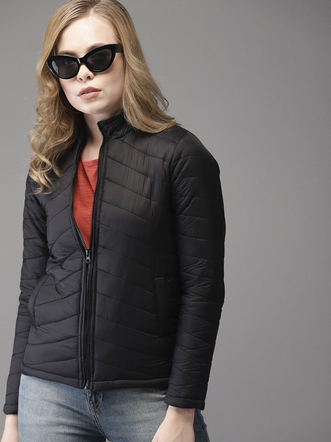 campus sutra women black solid windcheater outdoor bomber jacket