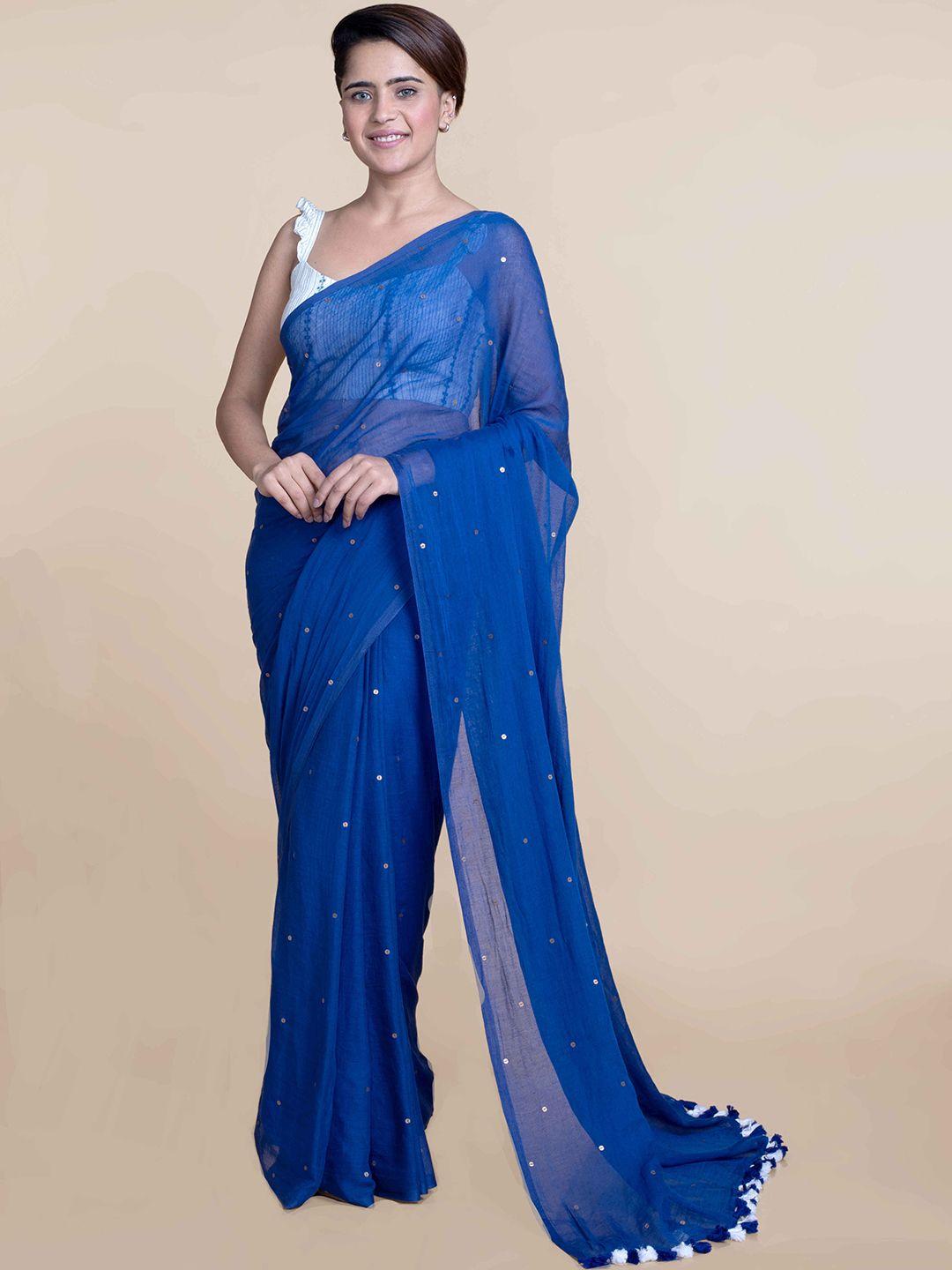 suta women blue sequin embellished mul cotton saree