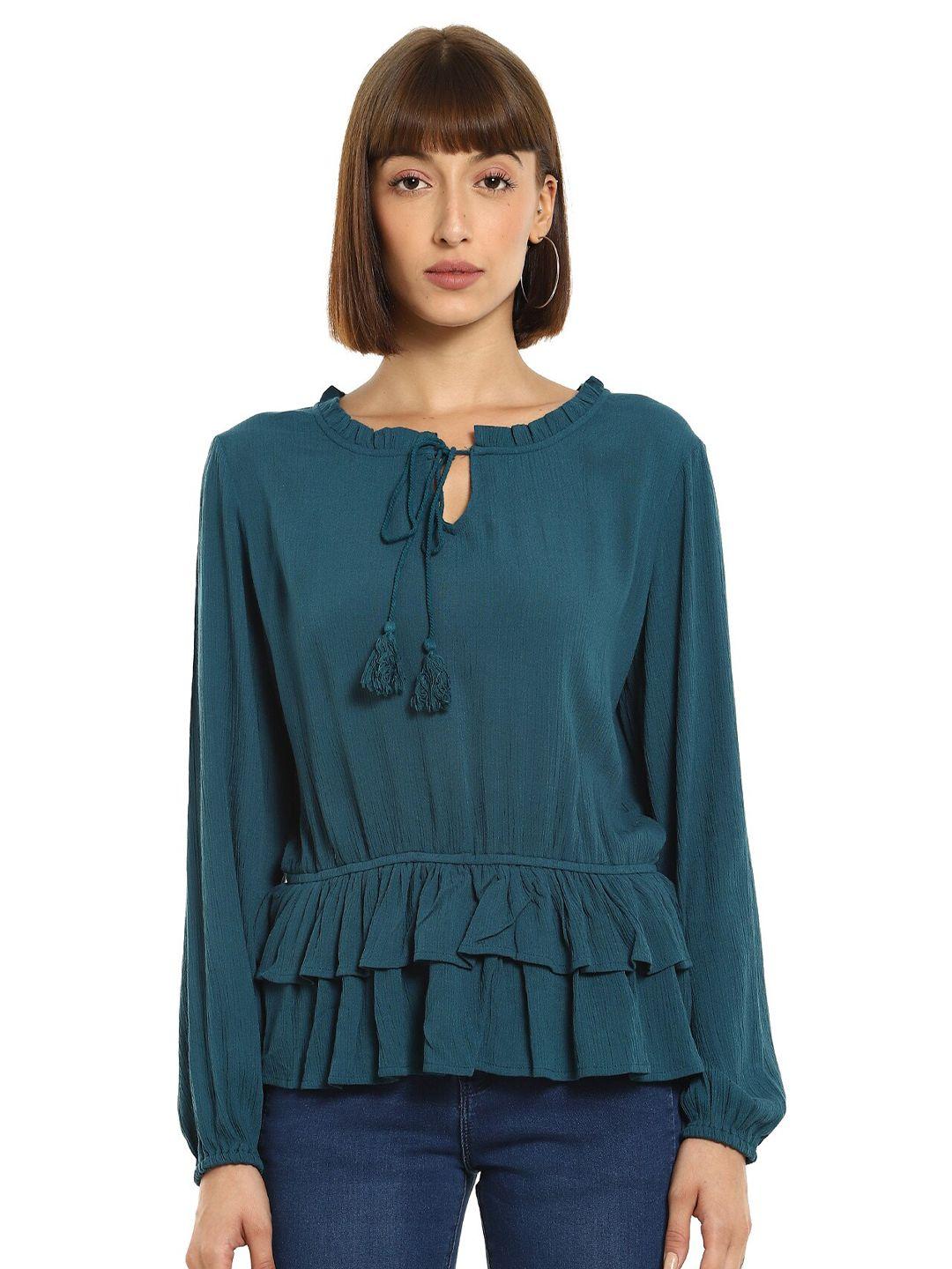 cherokee green tie-up neck peplum top