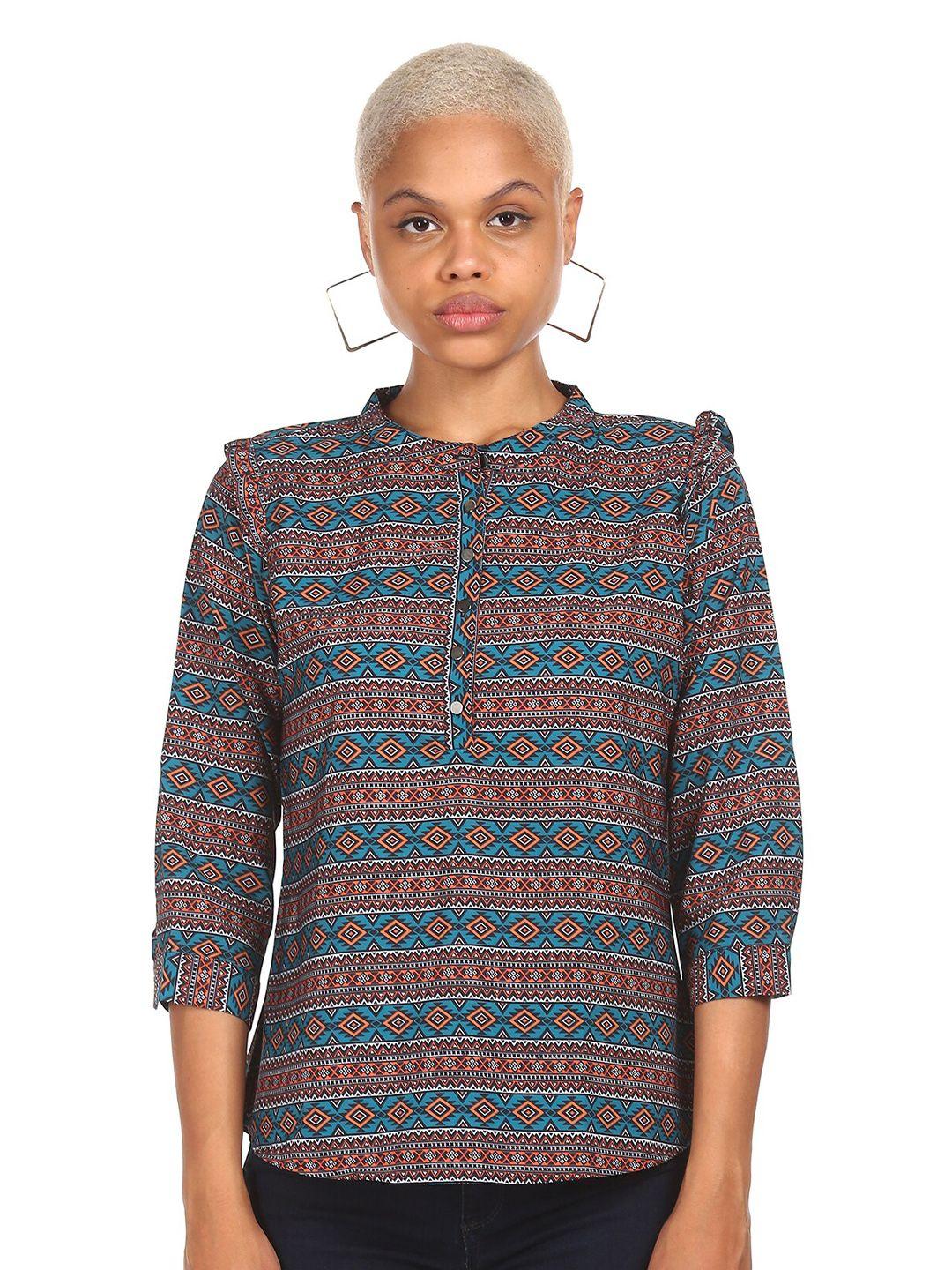 cherokee multicoloured geometric mandarin collar regular top