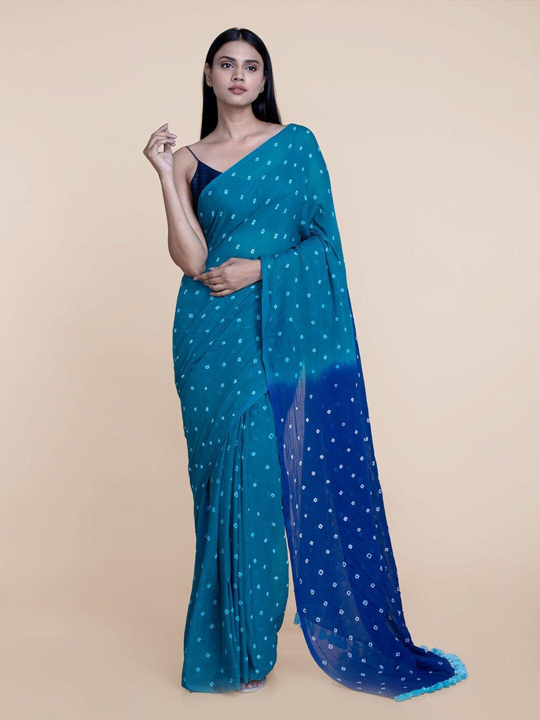 suta blue bandhani pure cotton saree