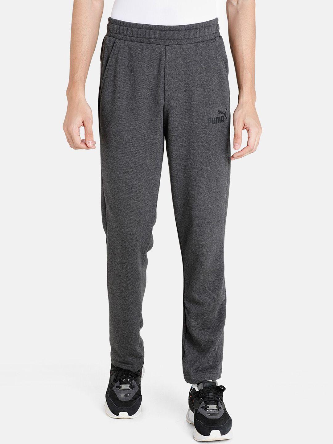 puma men charcoal grey  cotton solid essentials logo regular fit knitted sweat  pants