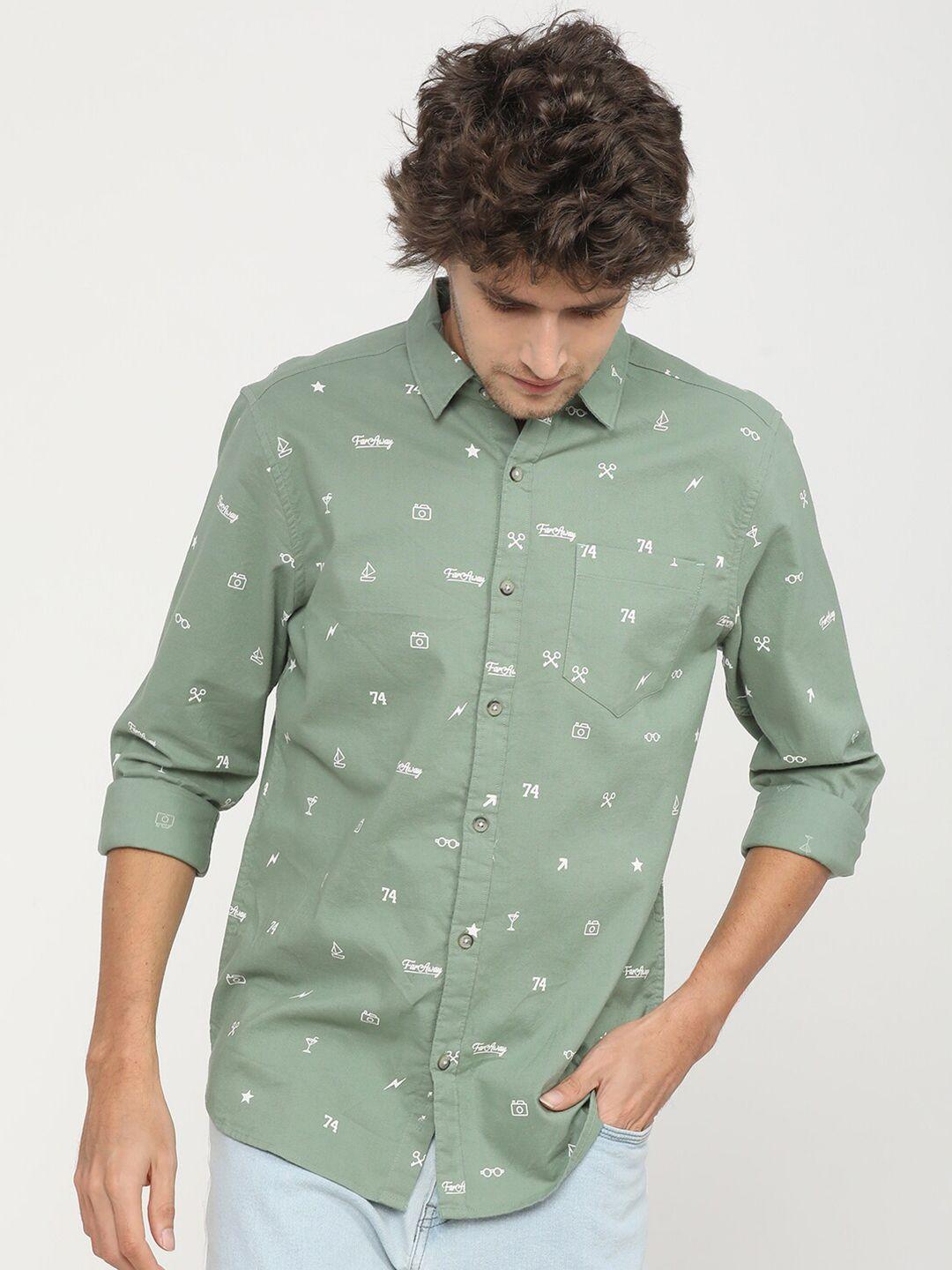 ketch men olive green slim fit opaque printed casual shirt