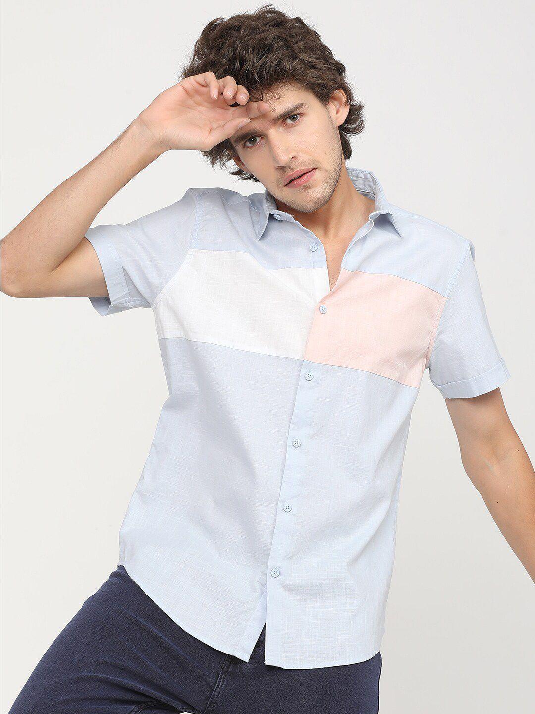 ketch men blue slim fit colourblocked casual shirt