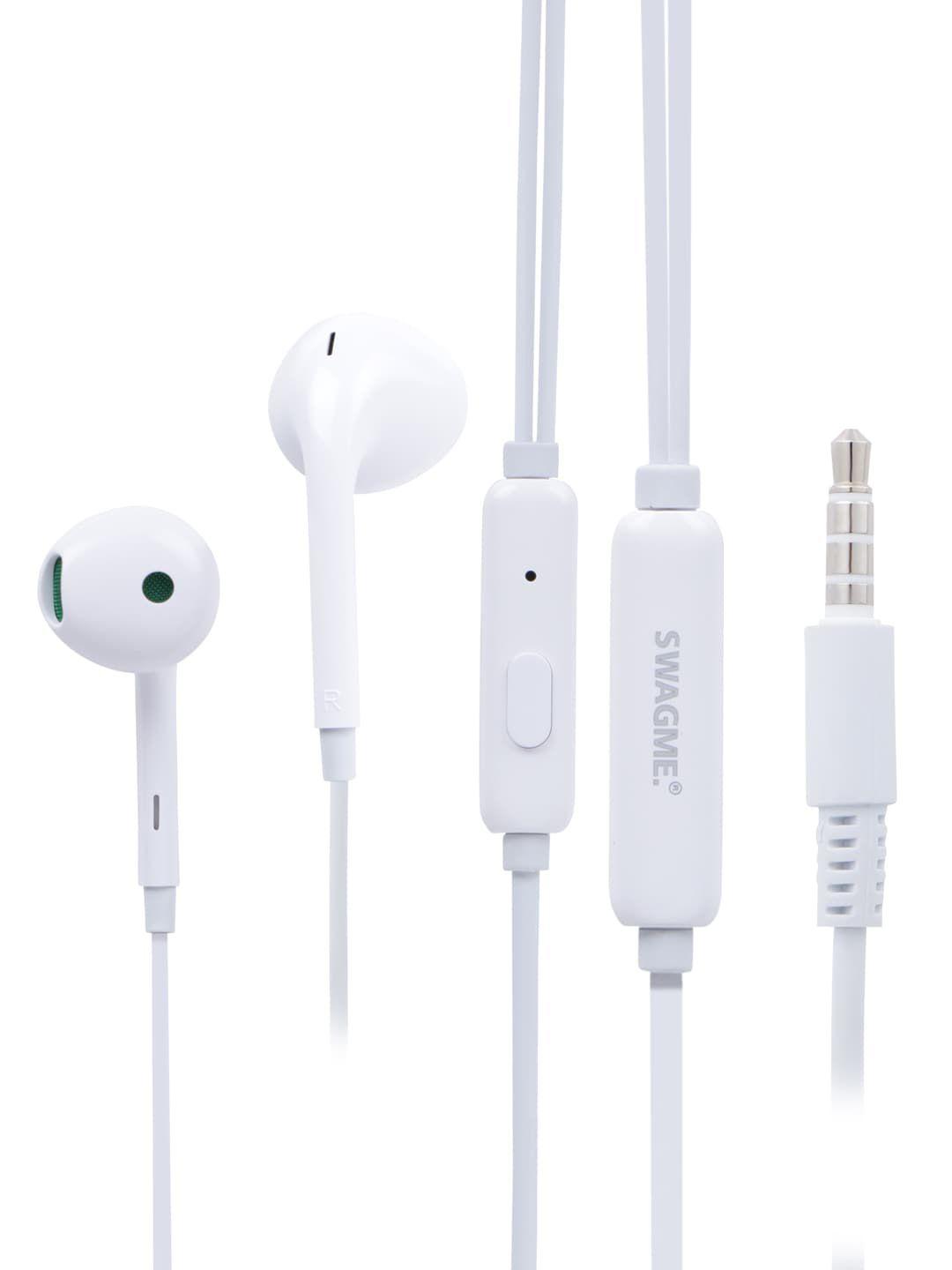 swagme unisex white solid 14mm bass ie007 in-ear wired earphones with mic