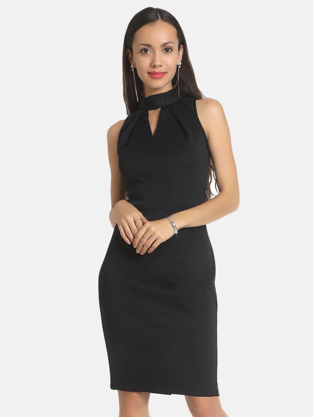 aara black solid keyhole neck sheath dress