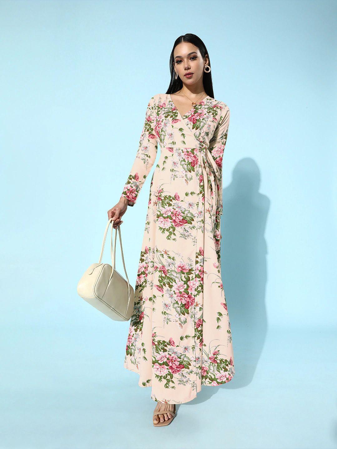 berrylush beige floral print wrap style maxi dress