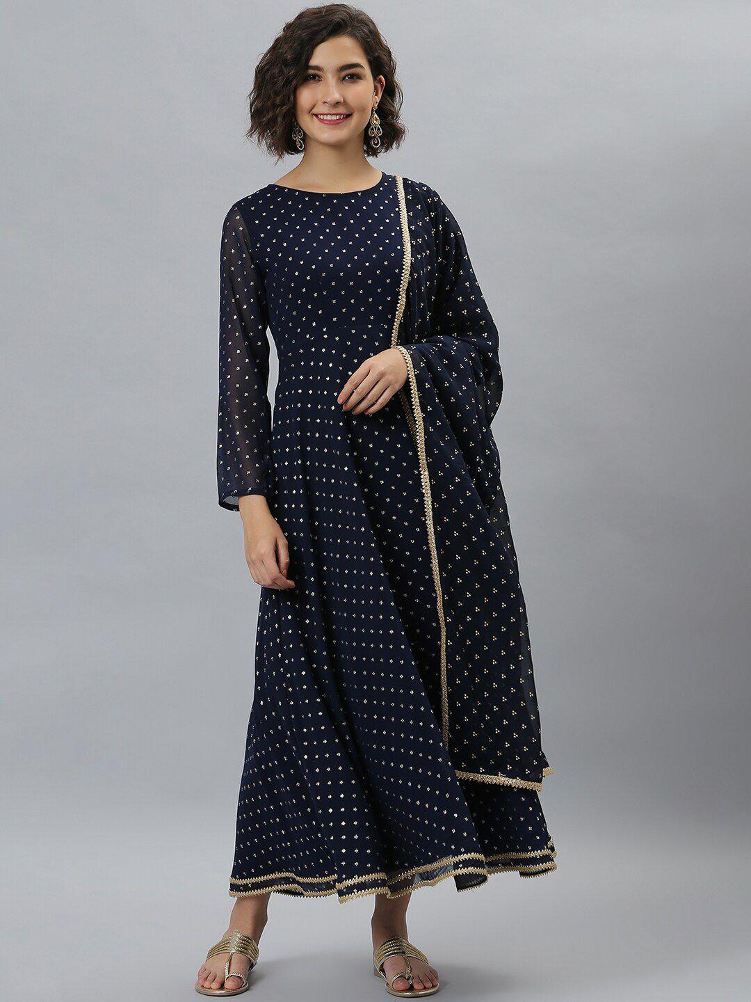 janasya navy blue & gold-toned ethnic midi dress with dupatta