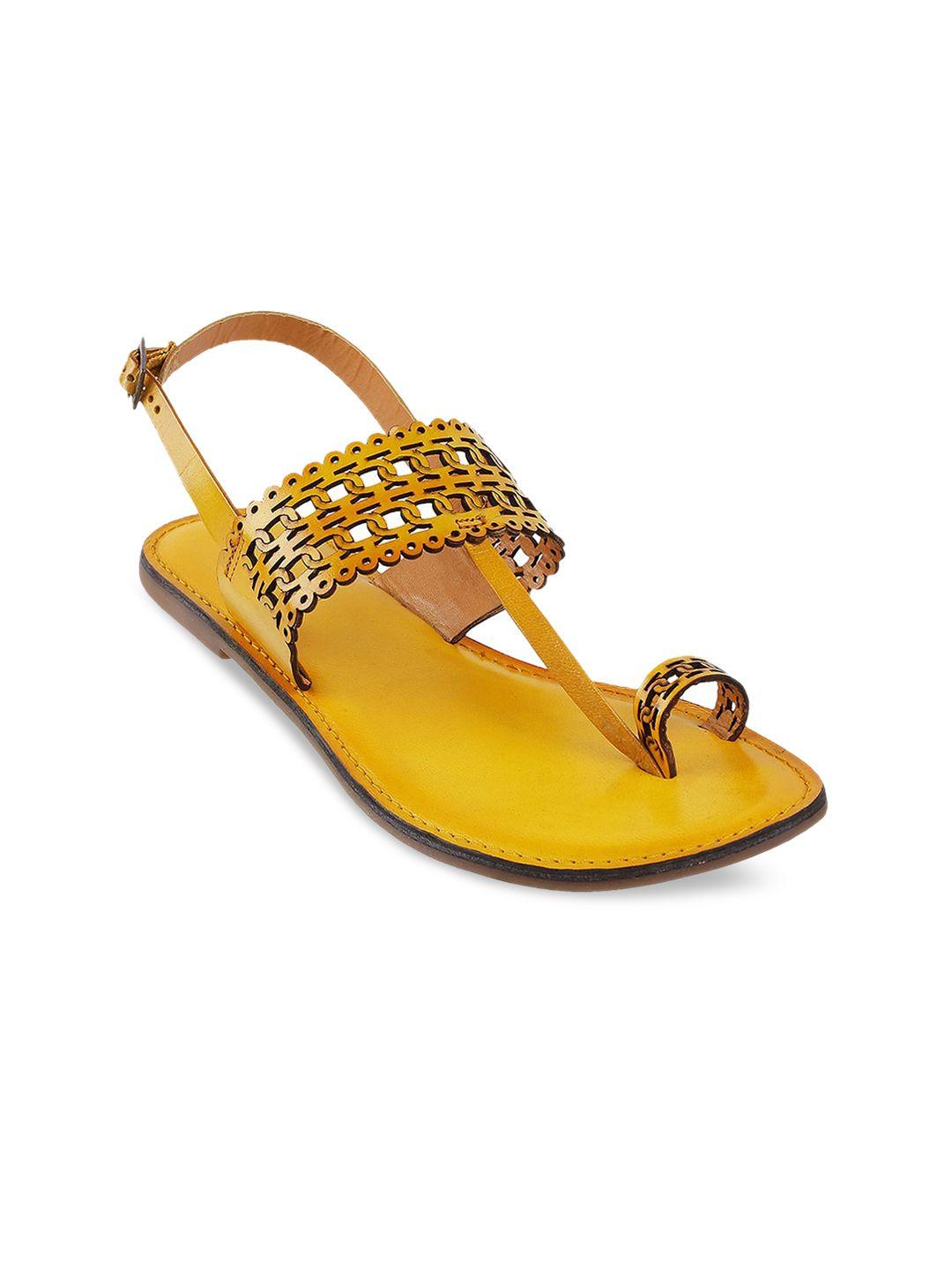 metro women yellow embellished one toe flats with laser cuts