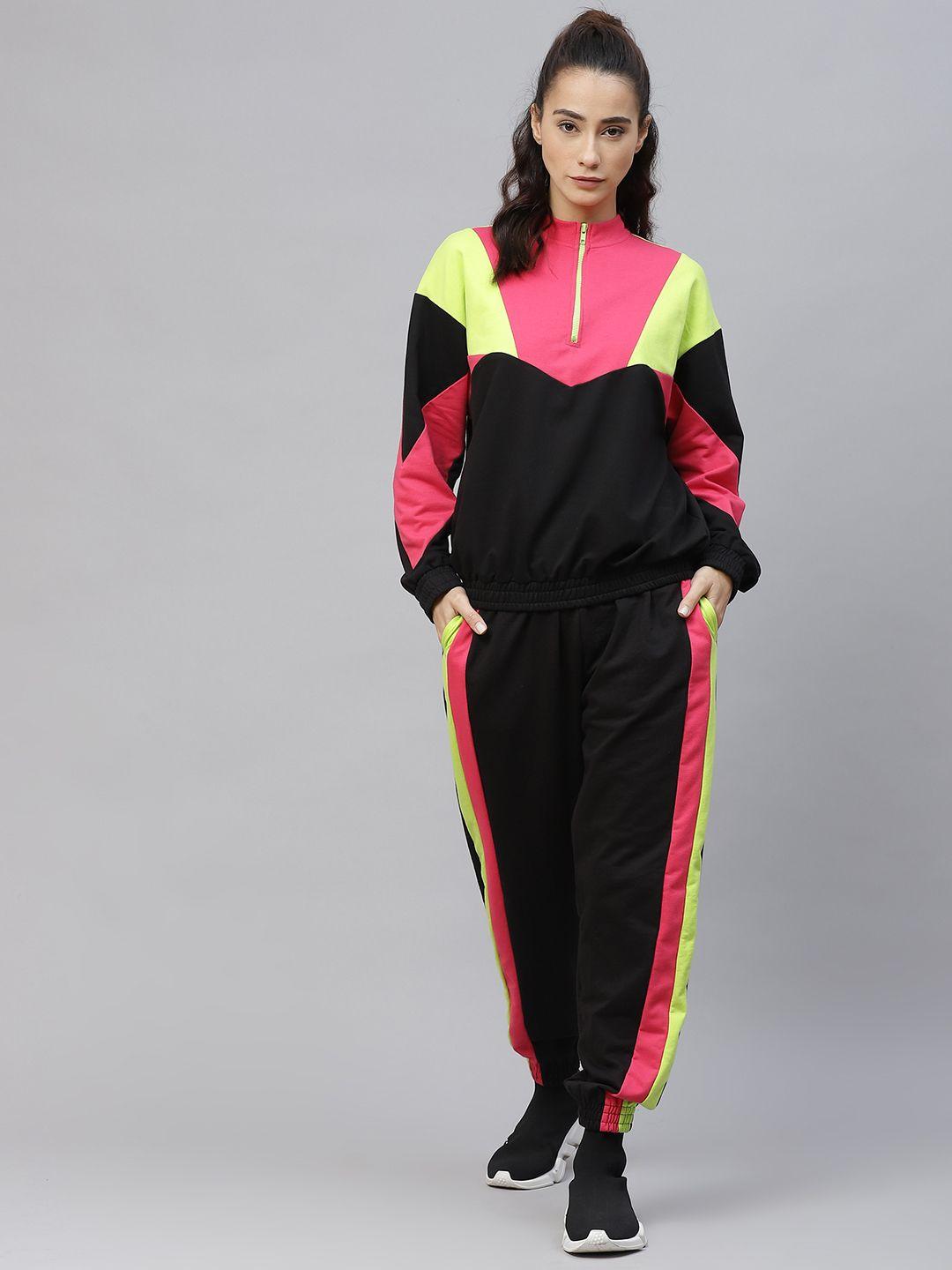 laabha women black & pink colourblocked track suit