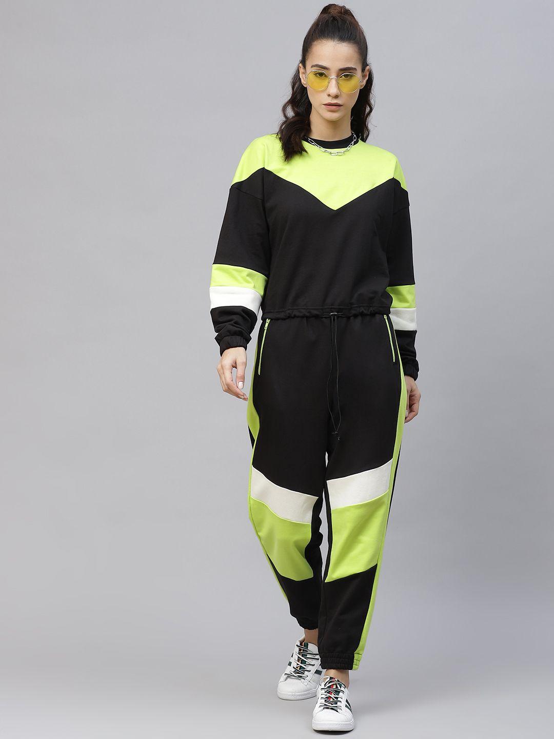 laabha women black & lime green colourblocked track suit