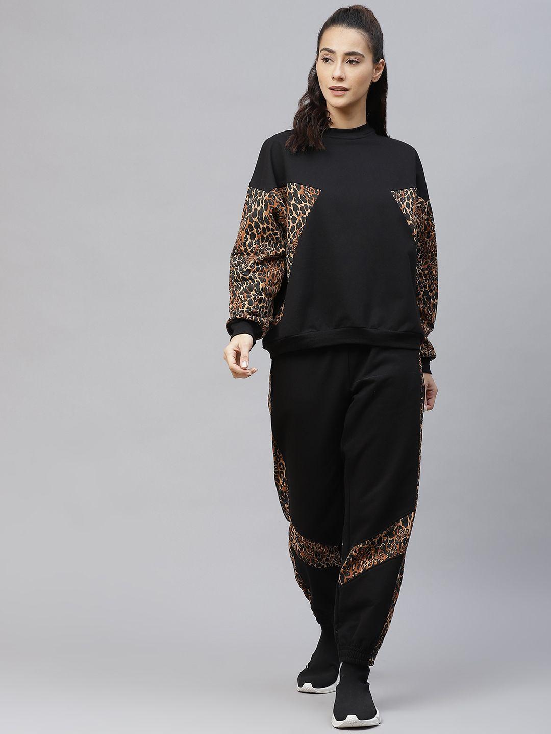 laabha women black & brown animal printed tracksuit