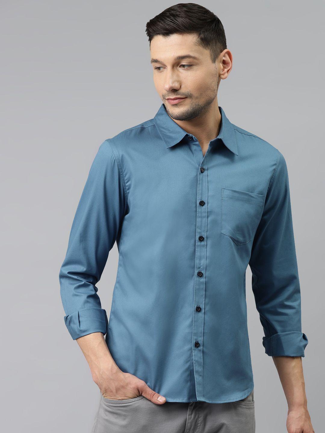 hubberholme men blue opaque pure cotton casual shirt