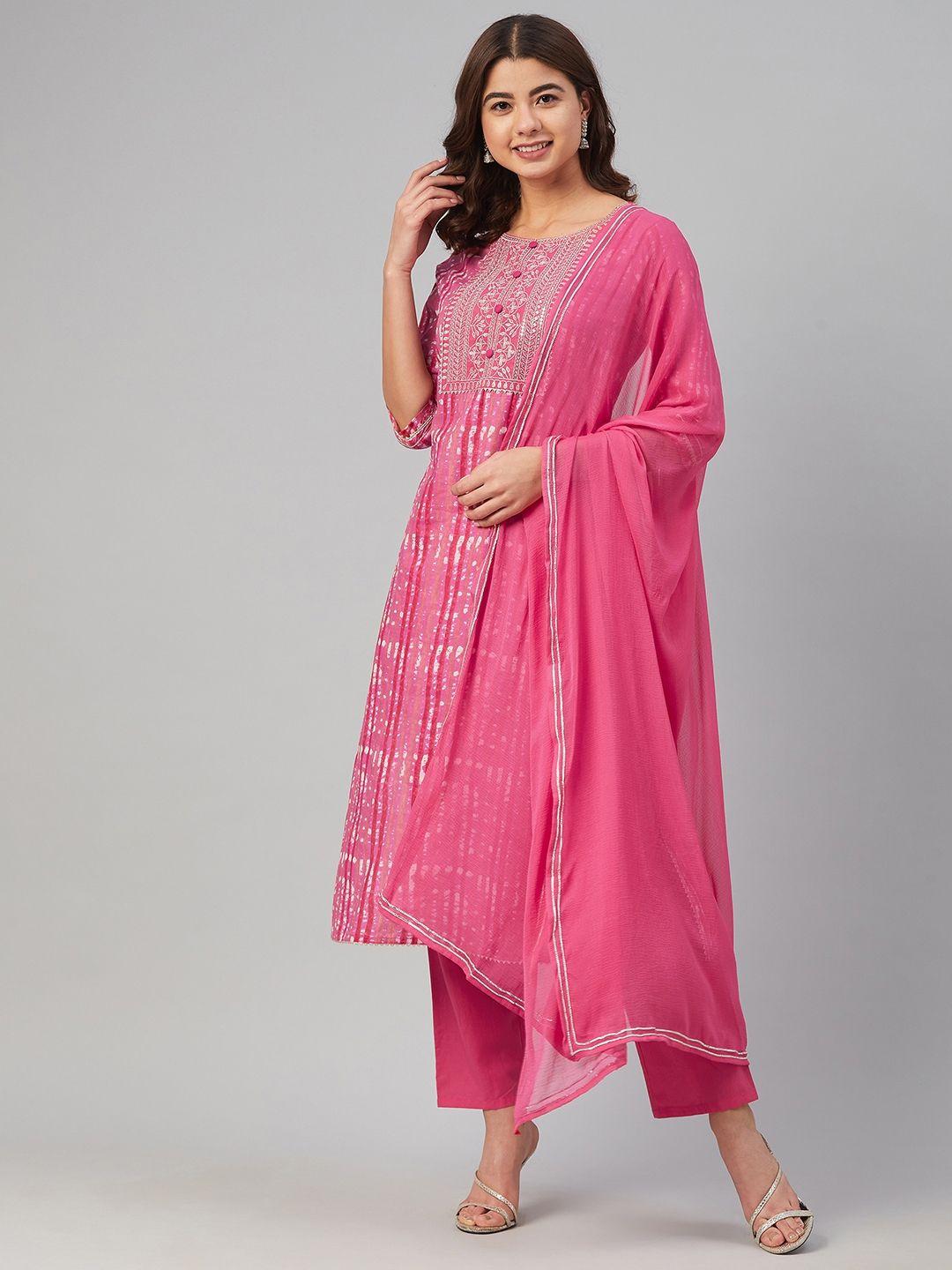 yuris women pink striped regular pure cotton kurta with trousers & dupatta