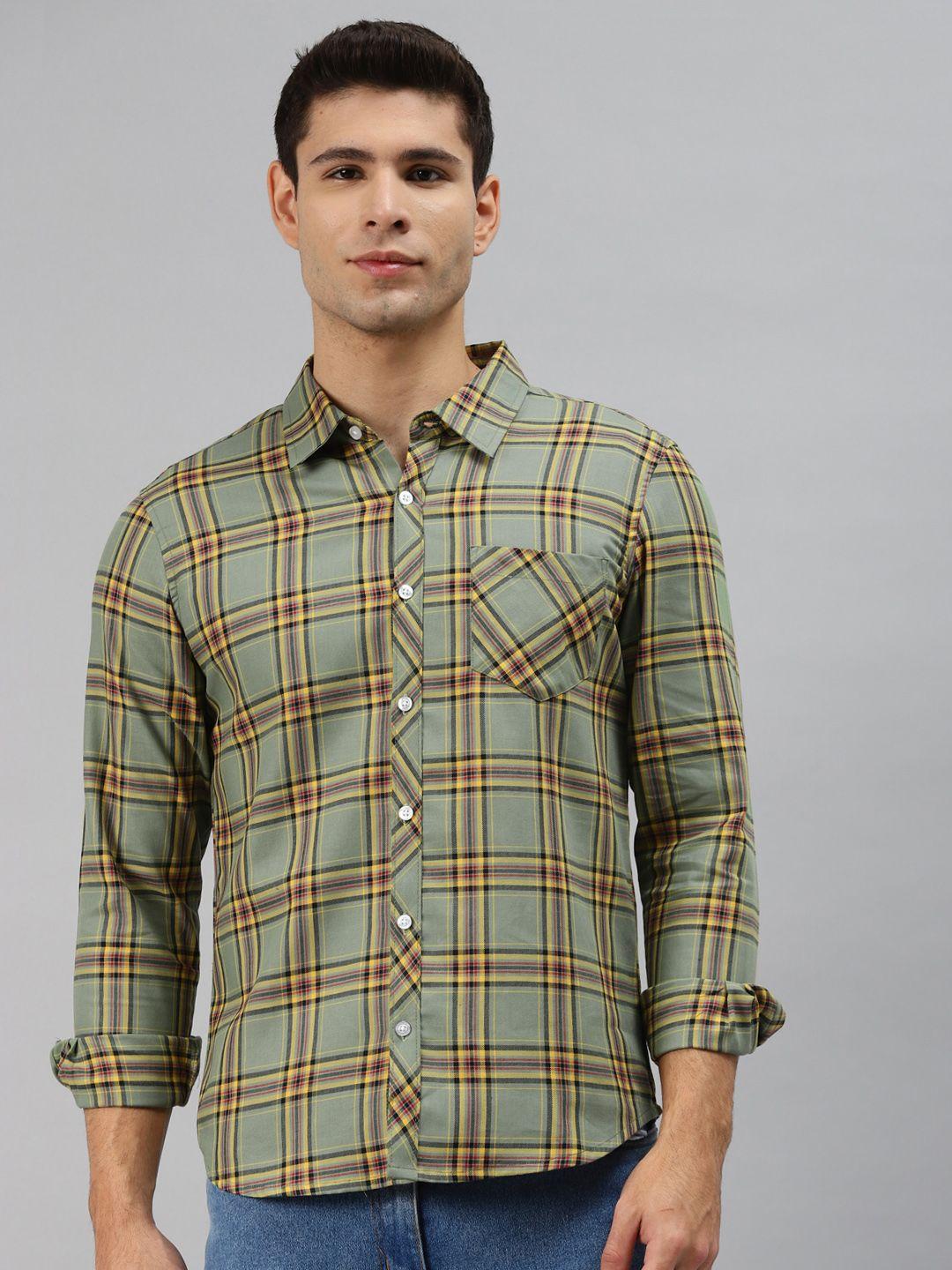 hubberholme men green opaque checked casual shirt