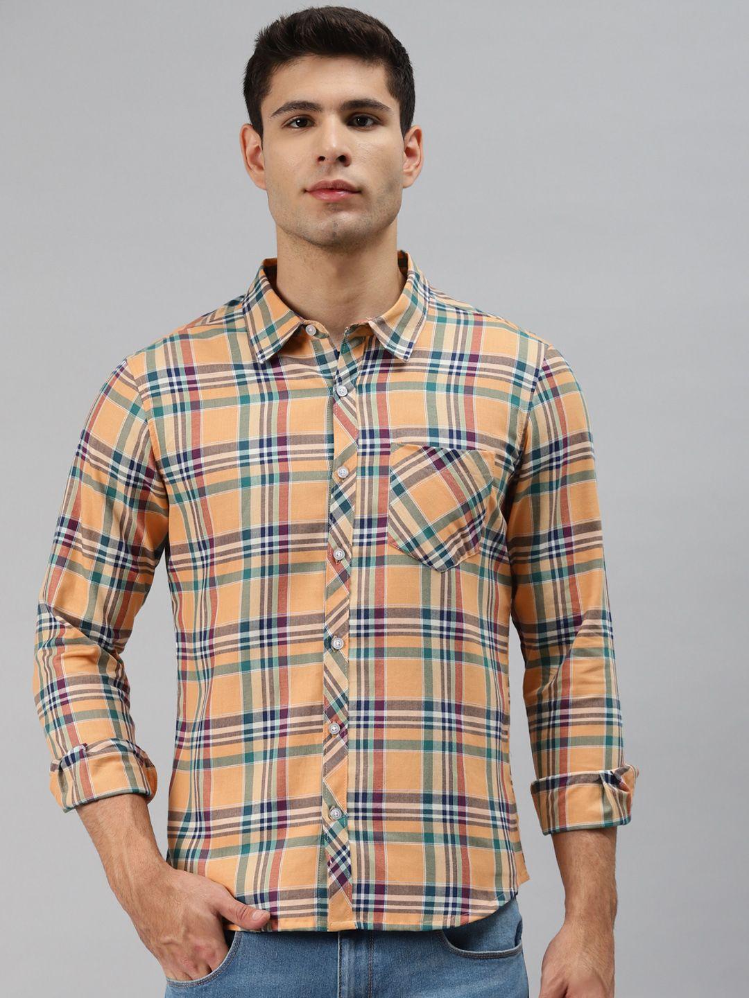 hubberholme men peach-coloured opaque checked casual shirt