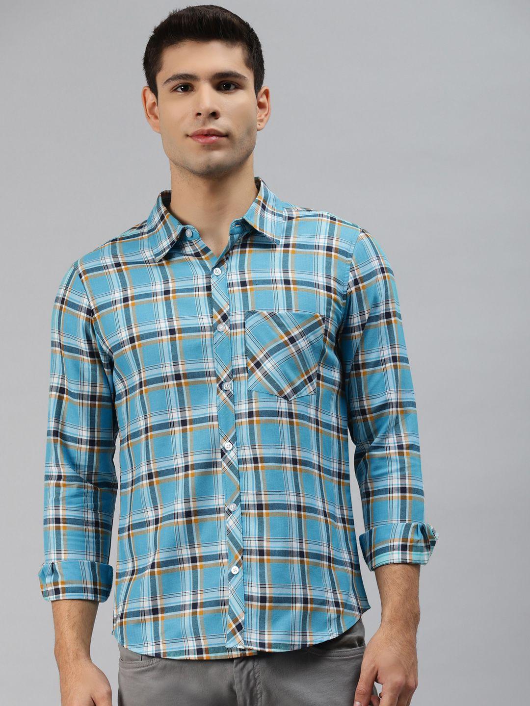 hubberholme men blue opaque checked casual shirt