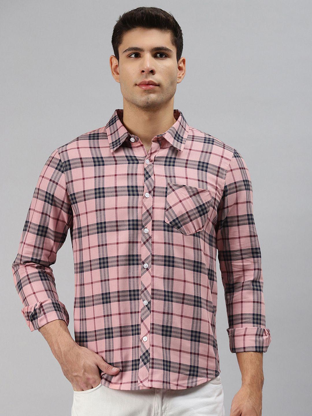 hubberholme men pink opaque checked casual shirt