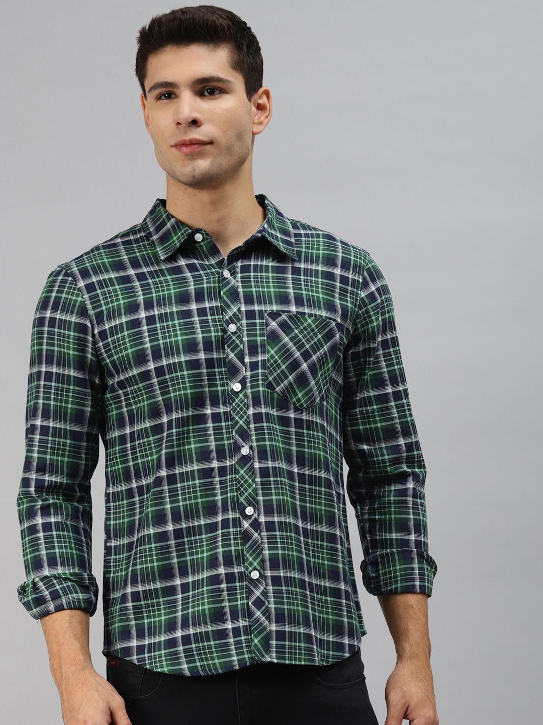 hubberholme men blue & green opaque checked casual shirt