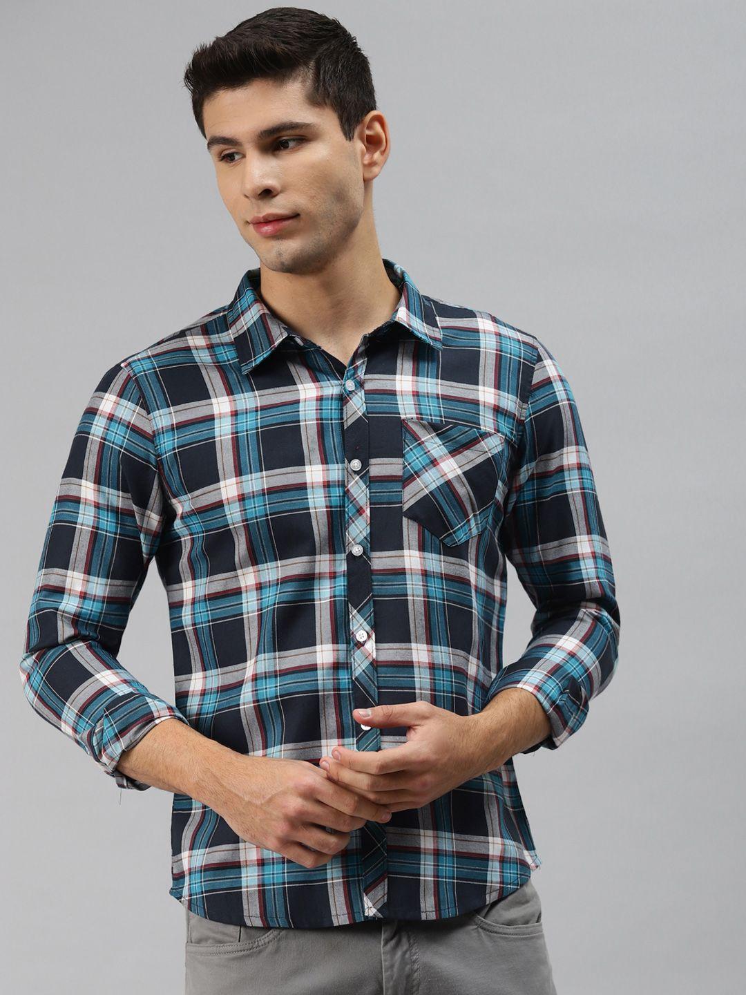 hubberholme men blue opaque checked casual shirt