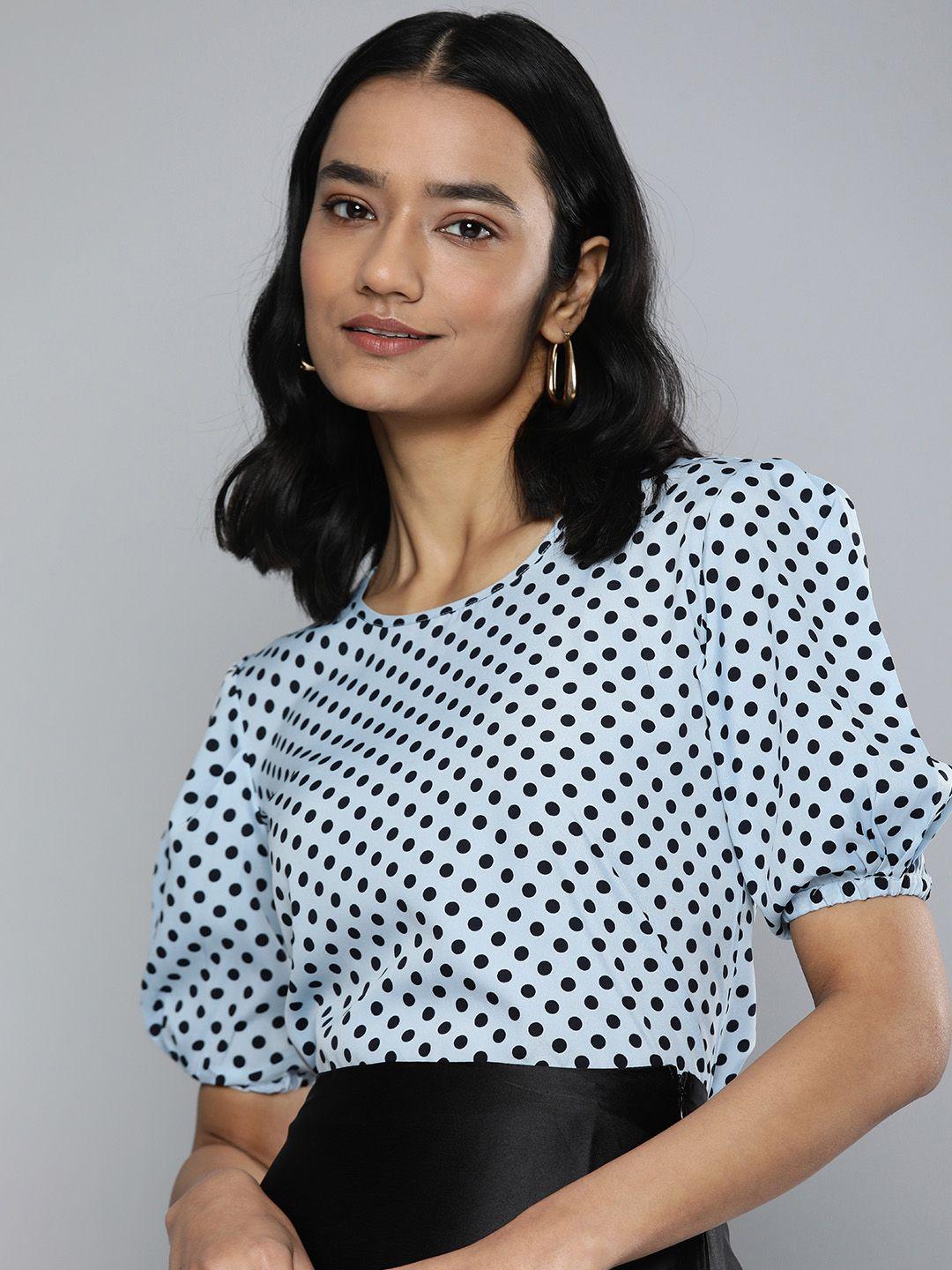 kvsfab women blue & black polka dotted sustainable crape top