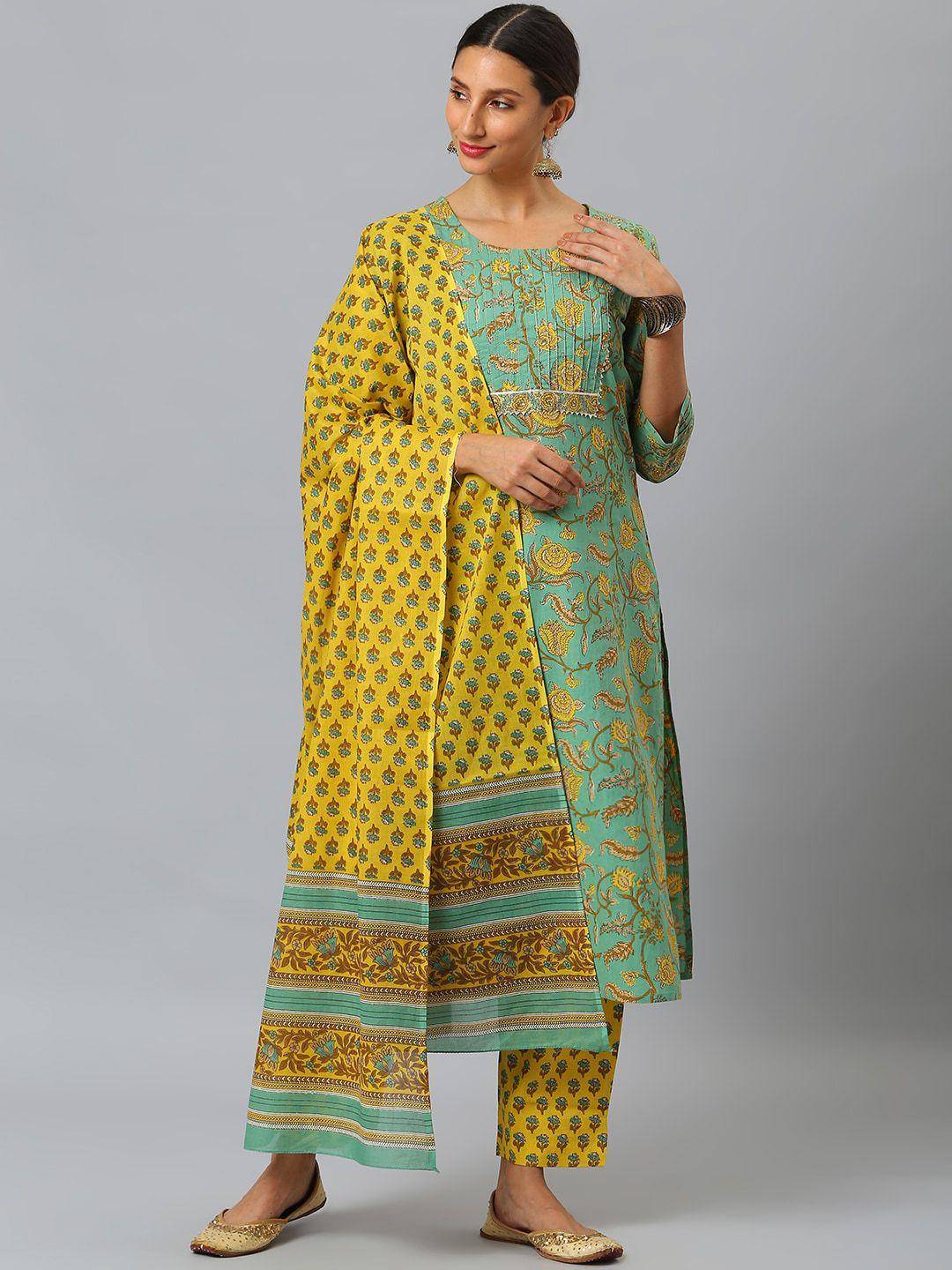 siah women sea green floral printed regular pure cotton kurta with trousers & with dupatta