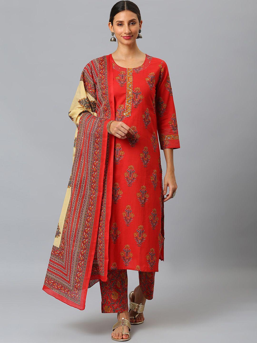 siah women red ethnic motifs printed layered sequinned pure cotton kurta with trousers & with dupatta