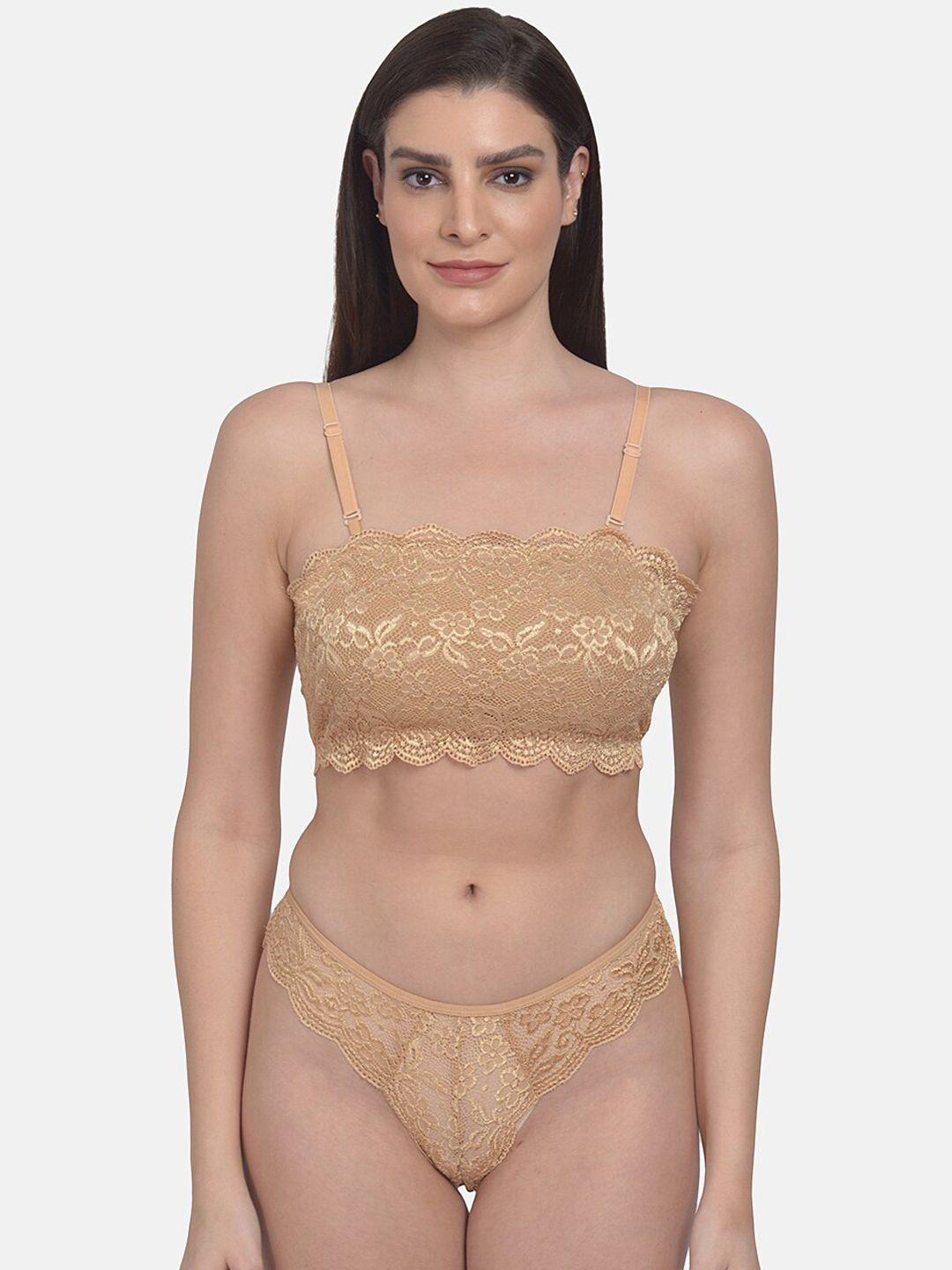 mod & shy women beige self-design lingerie set - ms361