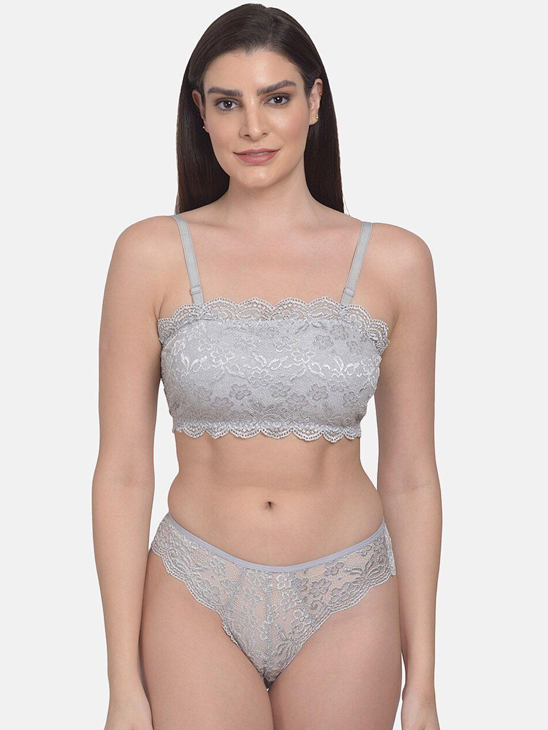 mod & shy women grey self design lingerie set ms363