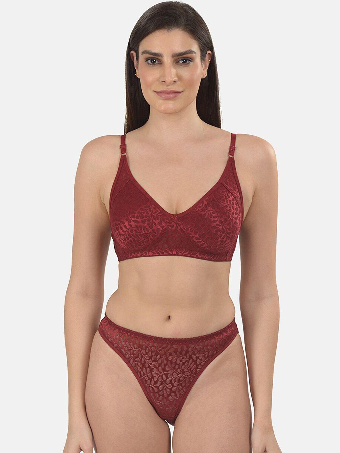 mod & shy women maroon self-design lingerie set ms352